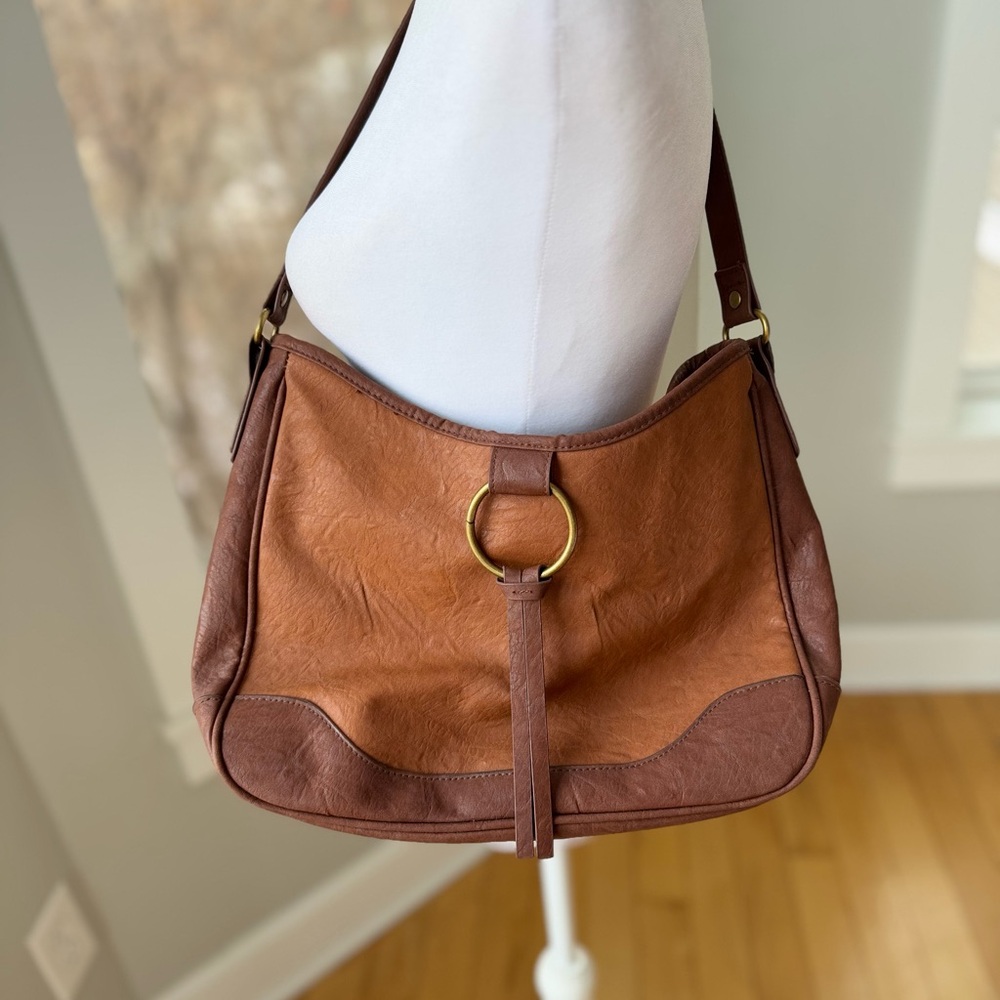 Bueno Cognac Brown Textured Leather Fringe Boho Shoulder Bag Purse